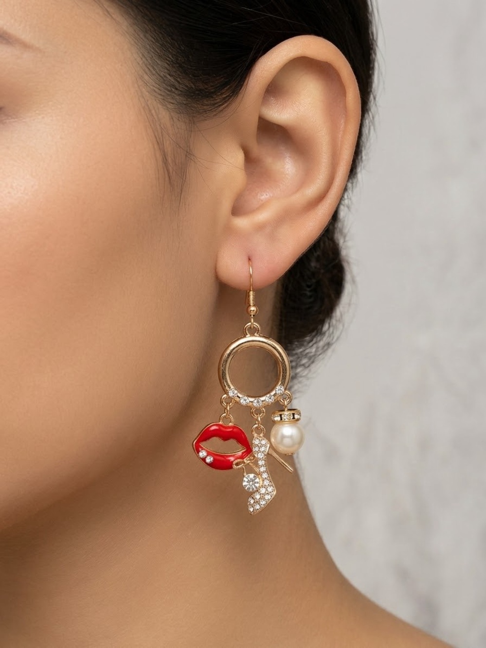 Gold Drop Earrings with Red Lip Charm and Pearl Accent